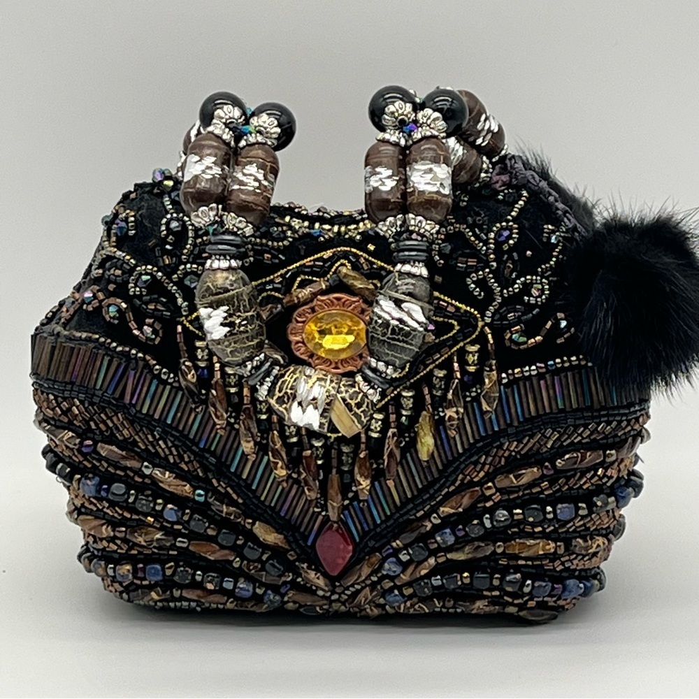 Vintage Mitchie's Beaded Handbag Purse Evening Bag Black Jeweled Multicolor